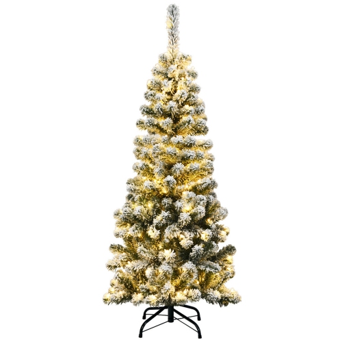 GYMAX  4.5Ft Pre-Lit Pencil Snow Flocked Pencil Christmas Tree Holiday Decoration