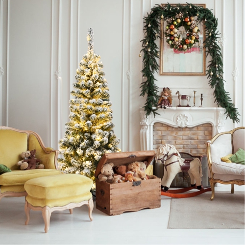 Gymax 4.5ft Pre-lit Pencil Snow Flocked Pencil Christmas Tree Holiday Decoration