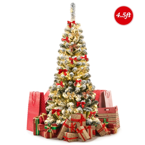 Gymax 4.5ft Pre-lit Pencil Snow Flocked Pencil Christmas Tree Holiday Decoration
