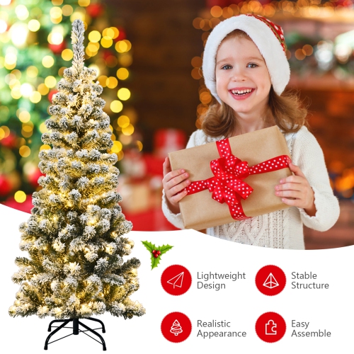 Gymax 4.5ft Pre-lit Pencil Snow Flocked Pencil Christmas Tree Holiday Decoration