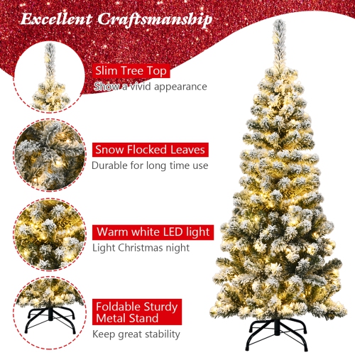 Gymax 4.5ft Pre-lit Pencil Snow Flocked Pencil Christmas Tree Holiday Decoration