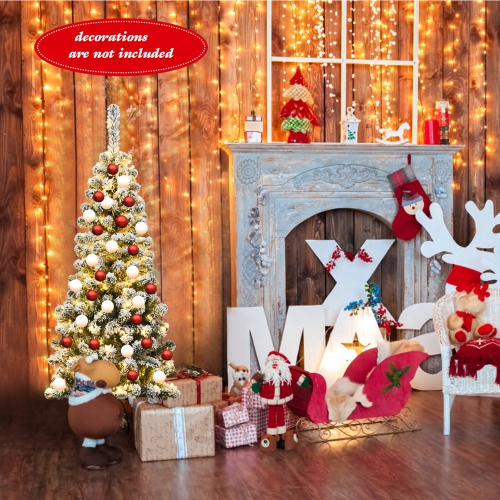 Gymax 4.5ft Pre-lit Pencil Snow Flocked Pencil Christmas Tree Holiday Decoration