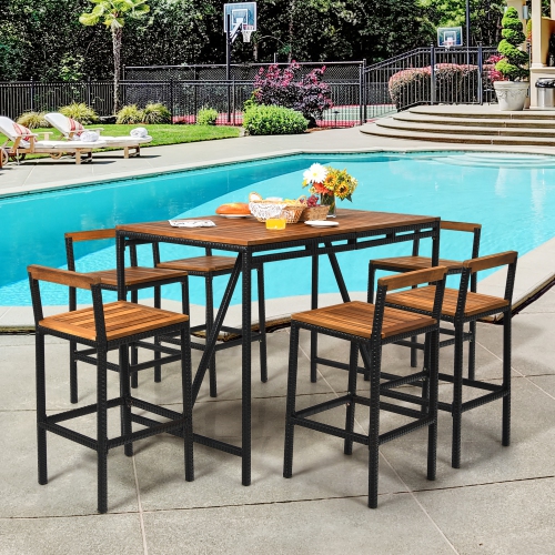 GYMAX  7PCs Outdoor Acacia Wood Dining Set Pe Rattan Patio Bar Set W/ Umbrella Hole