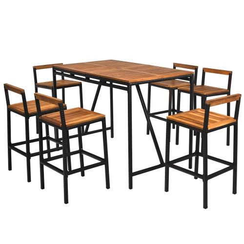 Gymax 7PCS Outdoor Acacia Wood Dining Set PE Rattan Patio Bar Set w/ Umbrella Hole