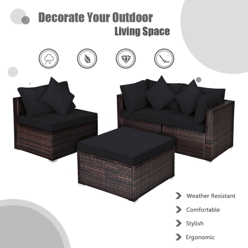 Gymax 4PCS Rattan Patio Conversation Furniture Set Yard Outdoor w/ Black Cushion