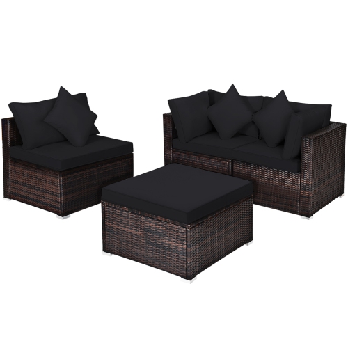 Gymax 4PCS Rattan Patio Conversation Furniture Set Yard Outdoor w/ Black Cushion