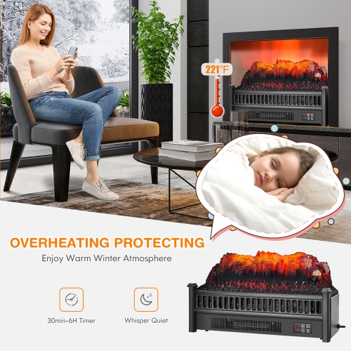 Costway 23" Electric Fireplace Log Set Heater W/ Remote Control Realistic Flame 1400W