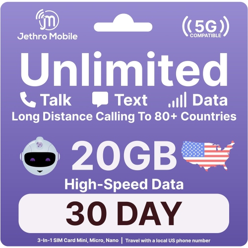 Jethro Mobile Prepaid USA Carte SIM de voyage, 4G LTE High-Speed Data, appels illimités et messages texte, sans contrat, 1 mois