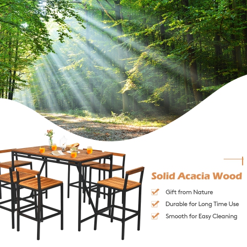 Costway 7PCS Patio Rattan Bar Set Acacia Wood Frame Stools Table Umbrella Hole