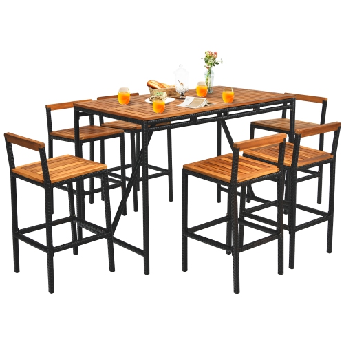 Costway 7PCS Patio Rattan Bar Set Acacia Wood Frame Stools Table Umbrella Hole