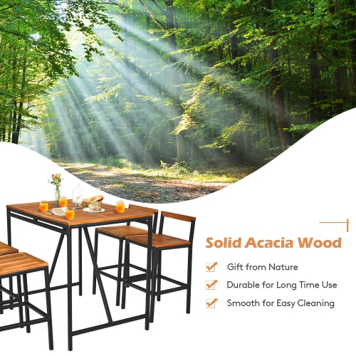 Costway 5PCS Patio Rattan Bar Table Stool Set Acacia Wood Top W/Umbrella Hole