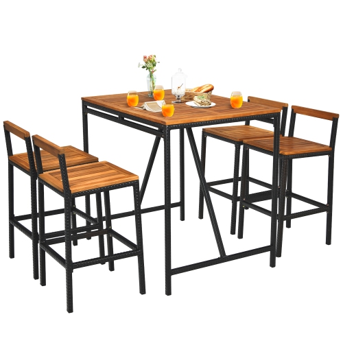 Costway 5PCS Patio Rattan Bar Table Stool Set Acacia Wood Top W/Umbrella Hole