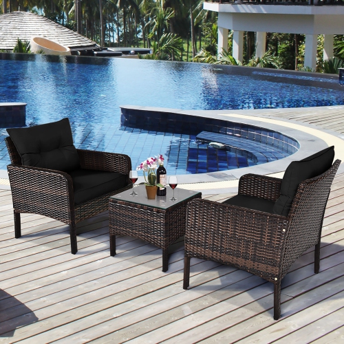 COSTWAY  3PCs Outdoor Rattan Conversation Set Patio Garden Cushioned Sofa Chair