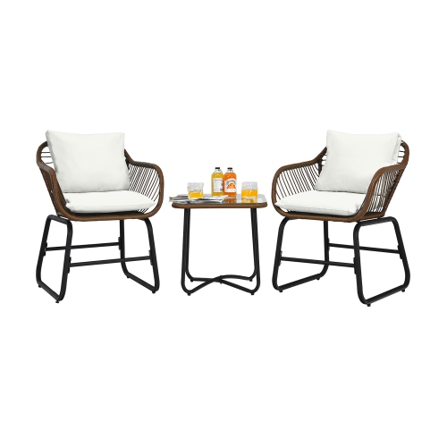 Costway 3PCS Patio Rattan Bistro Set Cushioned Chair Glass Table Deck