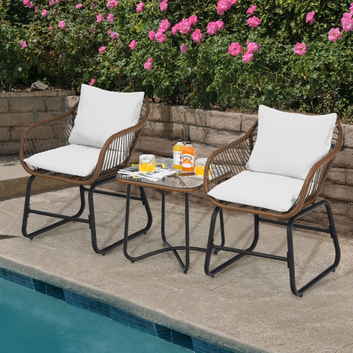 Costway 3PCS Patio Rattan Bistro Set Cushioned Chair Glass Table Deck