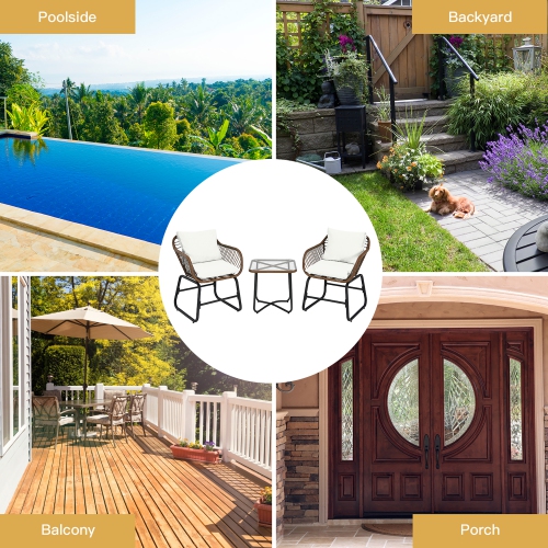 Costway 3PCS Patio Rattan Bistro Set Cushioned Chair Glass Table Deck