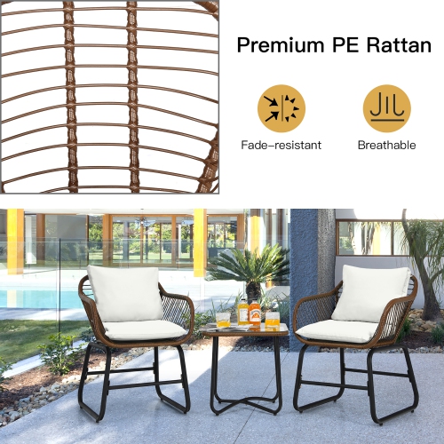 Costway 3PCS Patio Rattan Bistro Set Cushioned Chair Glass Table Deck