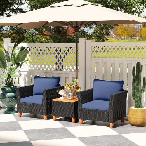 Costway 3 PCS Outdoor Patio Rattan Bistro Furniture Set Wooden Table Top Cushioned Sofa