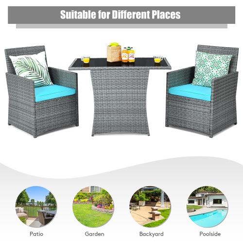 Costway 3PCS Patio Rattan Furniture Set Cushioned Sofa Armrest Garden