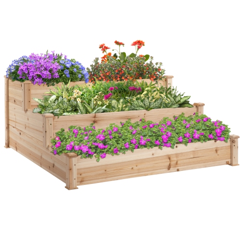 OUTSUNNY  " 49""x49""x22"" 3-Tier Raised Garden Bed Wooden Planter Kit Elevated Plant Box Stand for Yard & Patio, Natural"