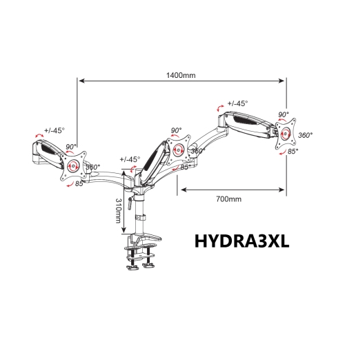 Amer Mounts | Gas Spring Loaded Articulating Triple Arm Mount For 15"-28" LED LCD Monitors | Clamp Base | HYDRA3XL