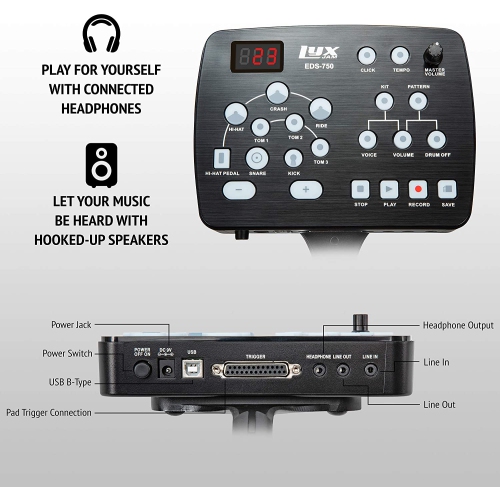 LyxJam 7-Piece Electronic Drum Kit, Professional Drum Set with Real Mesh Fabric, 209 Preloaded Sounds, 50 Play-Along Songs, Recording Capability,