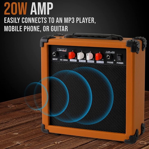 LyxPro Electric Guitar Amp 20 Watt Amplifier Built in Speaker Headphone Jack and Aux Input Includes Gain Bass Treble Volume and Grind - Mahogany