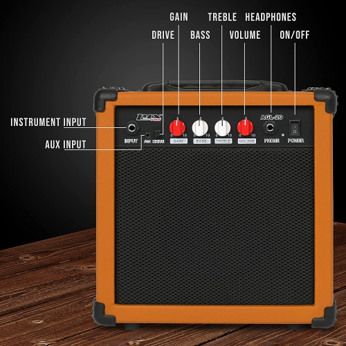 LyxPro Electric Guitar Amp 20 Watt Amplifier Built in Speaker Headphone Jack and Aux Input Includes Gain Bass Treble Volume and Grind - Mahogany