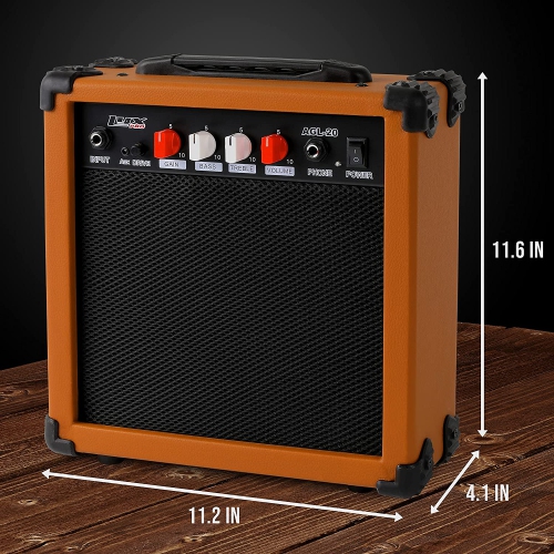 LyxPro Electric Guitar Amp 20 Watt Amplifier Built in Speaker Headphone Jack and Aux Input Includes Gain Bass Treble Volume and Grind - Mahogany