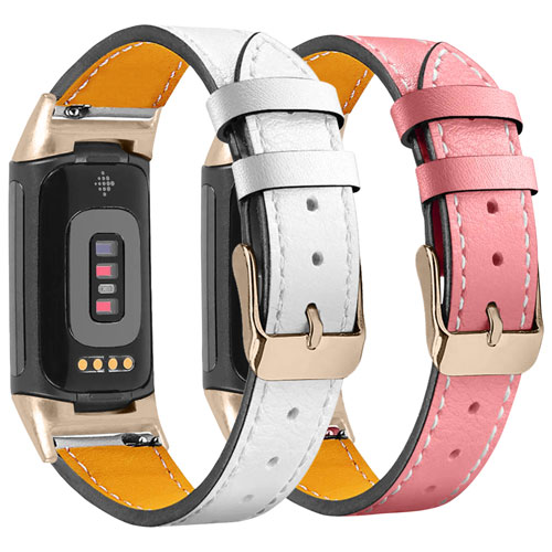 StrapsCo Leather Strap for Fitbit Charge 5 - Pink/White - 2 Pack