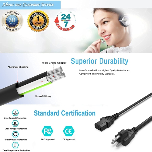 3 Prong Power Cord Cable for Panasonic Samsung Dynex Epson Projector LG Dell Asus HP Sony Sharp TV Computer Monitor