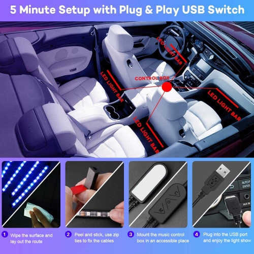 Car Interior Indoor RGB Strip Light with Remote Control and APP Control 48 LEDs - L70XW30XH15mm