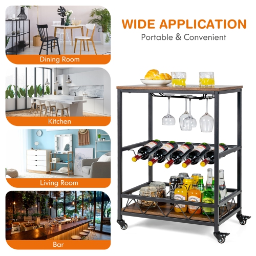 Costway Kitchen Bar Cart Serving Trolley on Wheels w/ Wine Rack Glass Holder