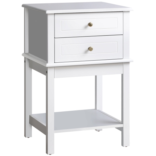 HOMCOM Modern Nightstand, Accent End Side Table with 2 Drawers and Storage Shelf, Bedside Table for Bedroom, White