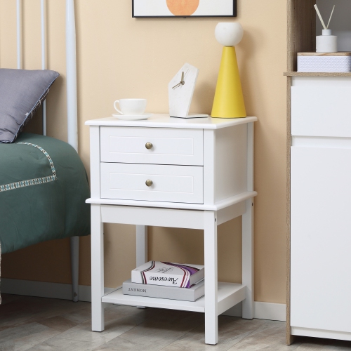 HOMCOM Modern Nightstand, Accent End Side Table with 2 Drawers and Storage Shelf, Bedside Table for Bedroom, White
