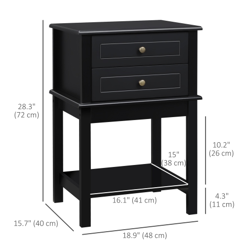 HOMCOM Modern Nightstand, Accent End Side Table with 2 Drawers and Storage Shelf, Bedside Table for Bedroom, Black