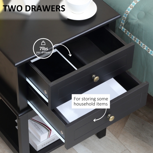 HOMCOM Modern Nightstand, Accent End Side Table with 2 Drawers and Storage Shelf, Bedside Table for Bedroom, Black