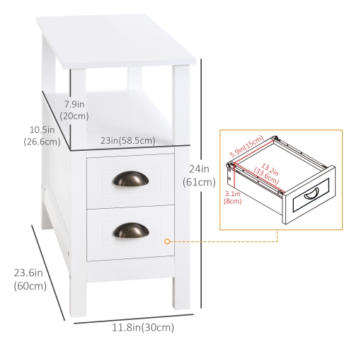 HOMCOM Slim End Table with 2 Drawers and Storage Shelf, Sofa Side Table for Living Room, Narrow Nightstand for Small Spaces, Bedroom, White