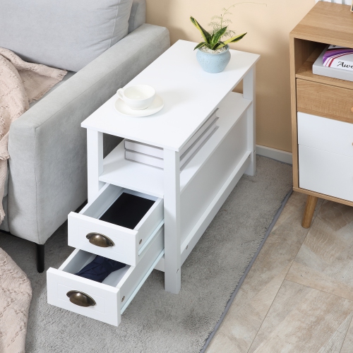 HOMCOM Slim End Table with 2 Drawers and Storage Shelf, Sofa Side Table for Living Room, Narrow Nightstand for Small Spaces, Bedroom, White
