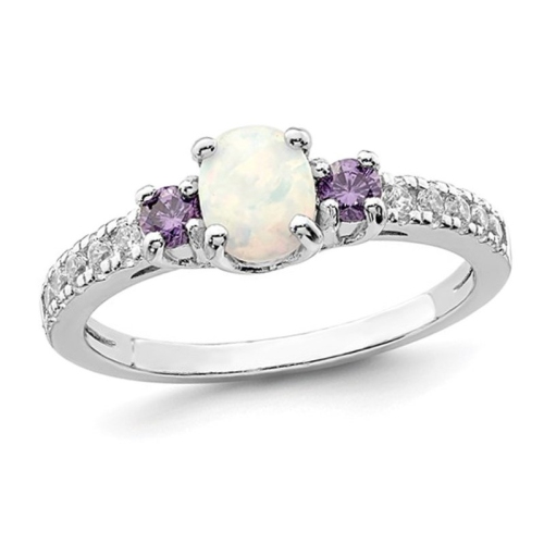 GEM AND HARMONY  Lab-Created Opal With Amethysts Ring In Sterling In Silver