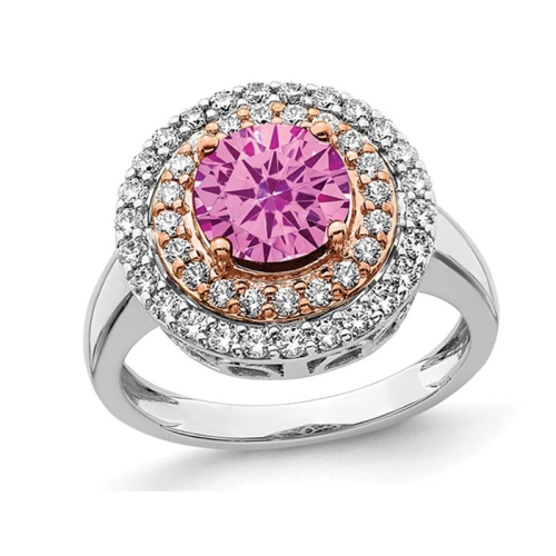 GEM AND HARMONY  1.50 Carat (Ctw) Lab-Created Pink Sapphire Halo Ring In 14K Gold With Lab-Grown Diamonds In White