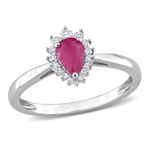 Bague en or blanc 14 ct avec rubis taille poire 1/2 ct et diamants