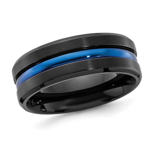 Mens Black Titanium and Blue Plating Wedding Band Ring