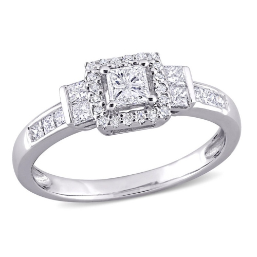 Bague de fiançailles double halo en or blanc 11 ct avec diamants 3/4 ct H-I, I2-I3