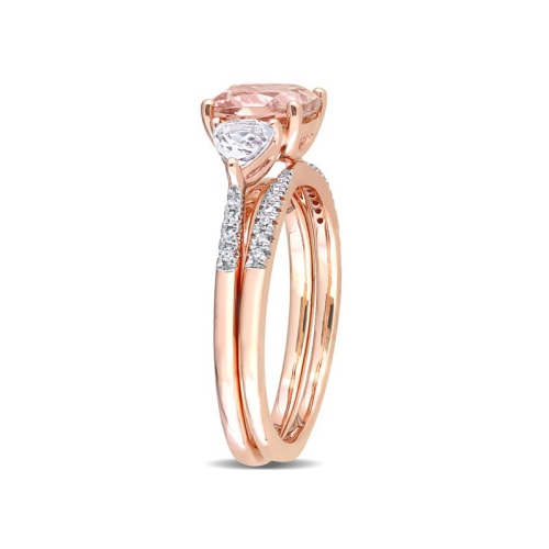 1.65 Carat Morganite Bridal Wedding Ring Set in 10K Rose Pink Gold with White Sapphires