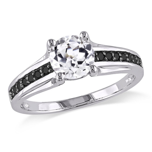 GEM AND HARMONY  1 3/8 Carat (Ctw) Lab-Created Sapphire Engagement Ring In Sterling Silver With Black Diamonds In White