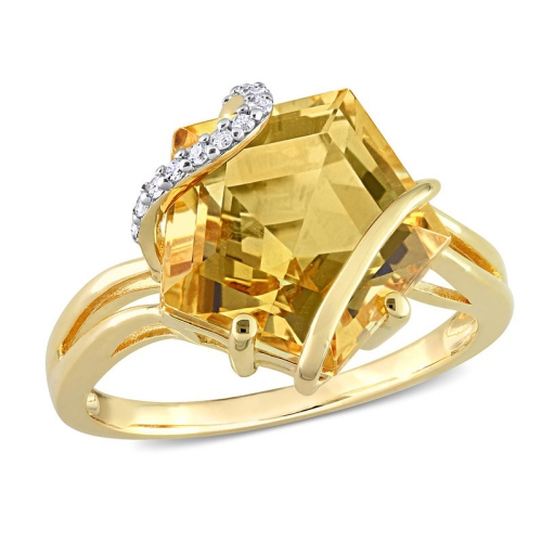 GEM AND HARMONY  6.00 Carat (Ctw) Citrine Ring In Plated Sterling Silver With Accent Diamonds In Yellow