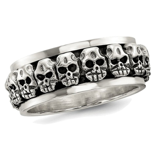 GEM AND HARMONY  Mens Antiqued Polished Skull Ring In Sterling With Spinning Center In Silver
