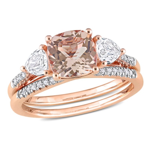GEM AND HARMONY  1.65 Carat (Ctw) Morganite Bridal Wedding Ring Set In 10K Rose Pink Gold With Sapphires In White