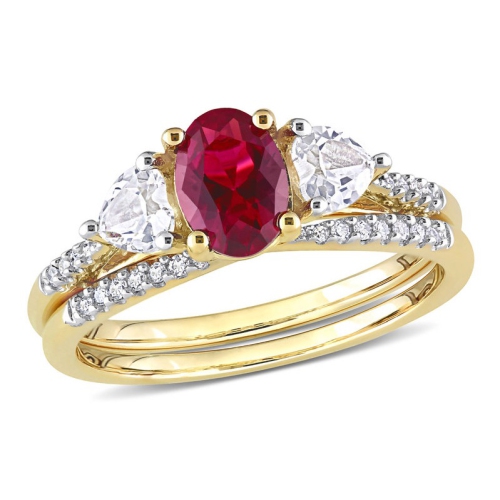GEM AND HARMONY  1.90 Carat (Ctw) Lab-Created Ruby And White Sapphire Bridal Engagement Wedding Ring Set 10K Gold In Yellow